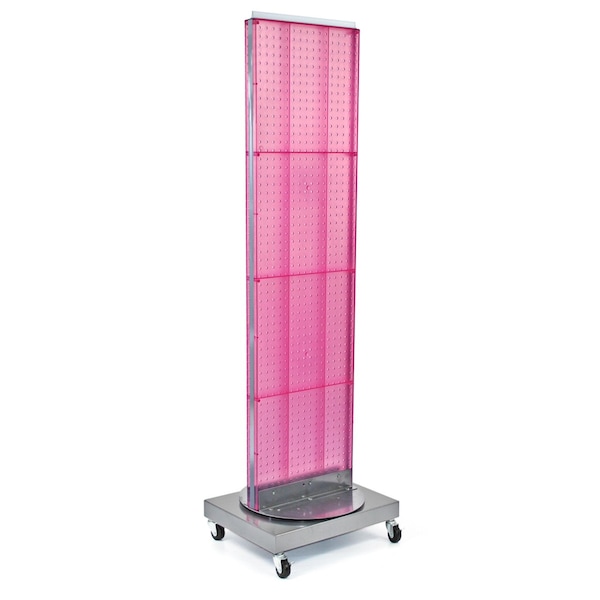 Two-Sided Pegboard Floor Display on Revolving Wheeled Base. Spinner Rack Stand.